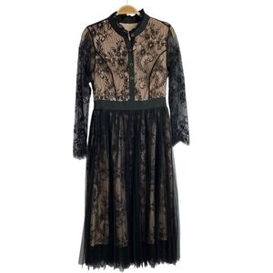 Whimsigoth Victorian Sheer Lace Overlay Midi Dress Women M Black Witchy Goth